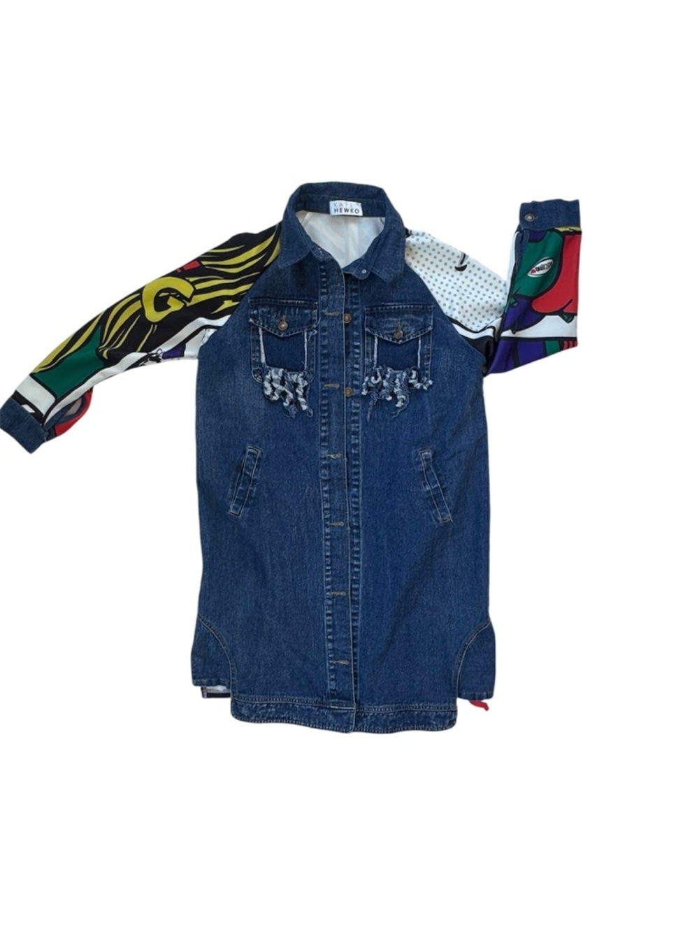 Kate Hewko Long Denim Jacket Pop Art Graphic Mixed Media Statement Coat